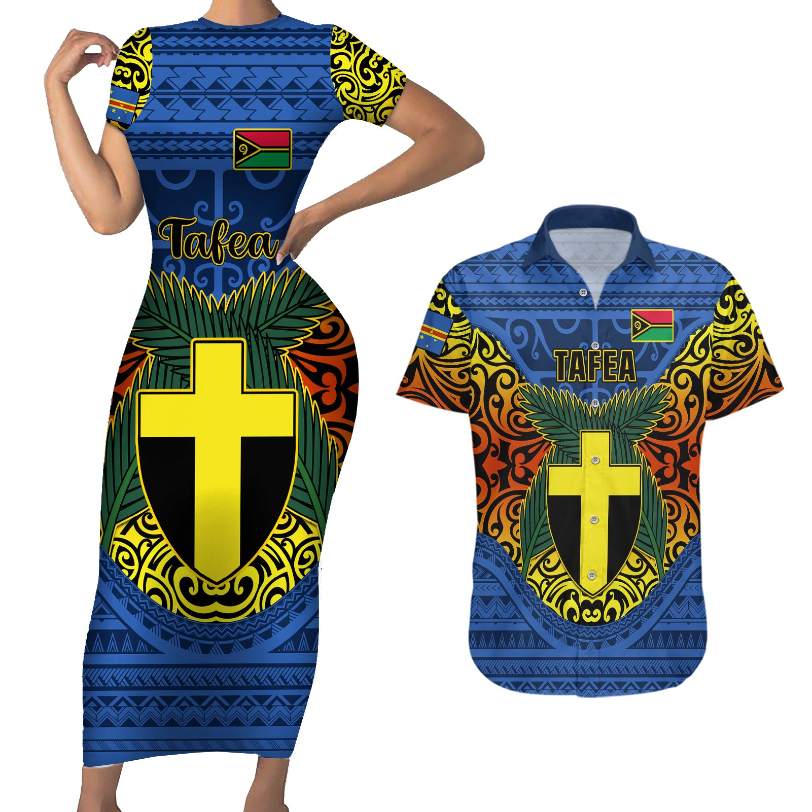 Personalized Vanuatu Tafea Province Couples Matching Short Sleeve Bodycon Dress and Hawaiian Shirt Coat Of Arms And Namele Fern Polynesian Pattern LT05 Blue - Polynesian Pride