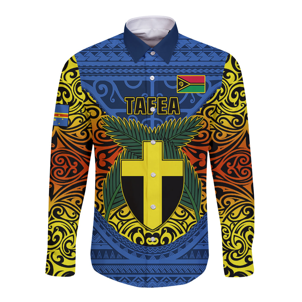 Personalized Vanuatu Tafea Province Long Sleeve Button Shirt Coat Of Arms And Namele Fern Polynesian Pattern LT05 Unisex Blue - Polynesian Pride