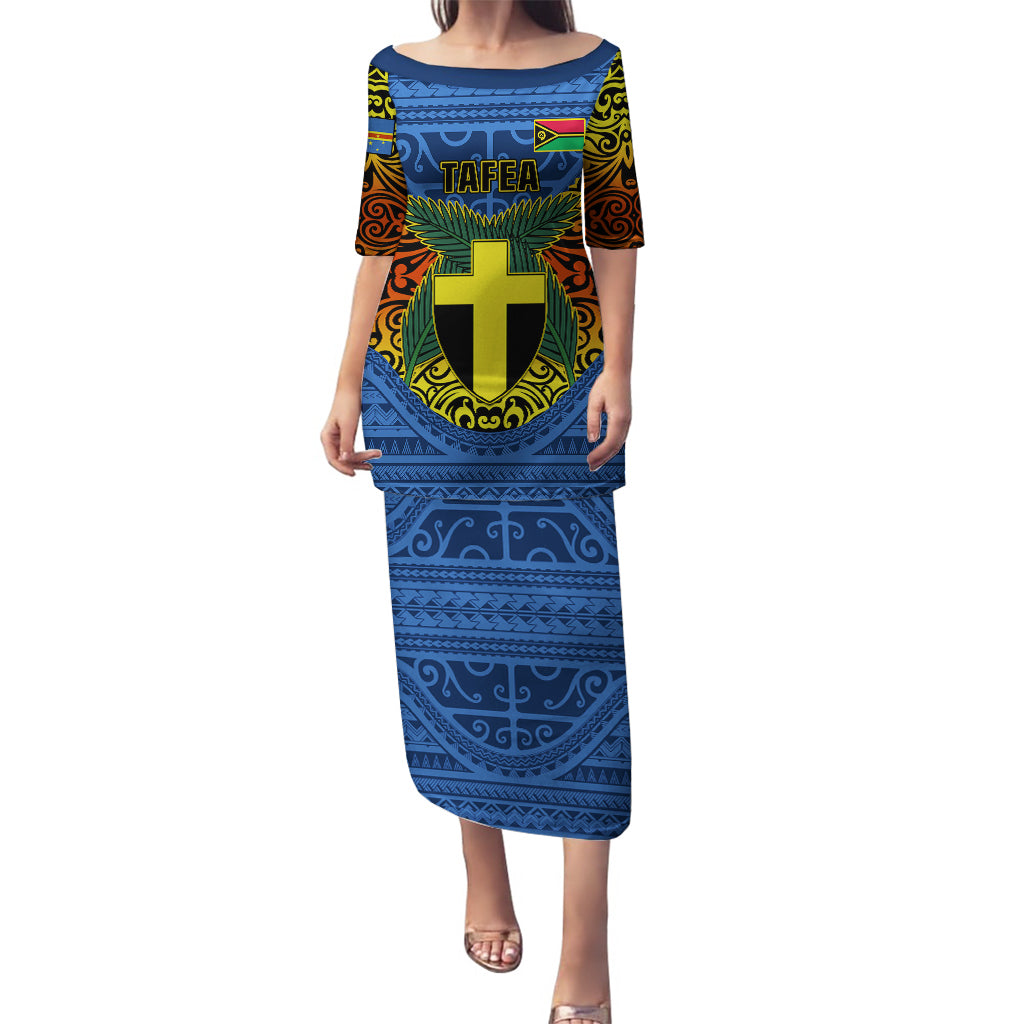 Personalized Vanuatu Tafea Province Puletasi Coat Of Arms And Namele Fern Polynesian Pattern LT05 Long Dress Blue - Polynesian Pride
