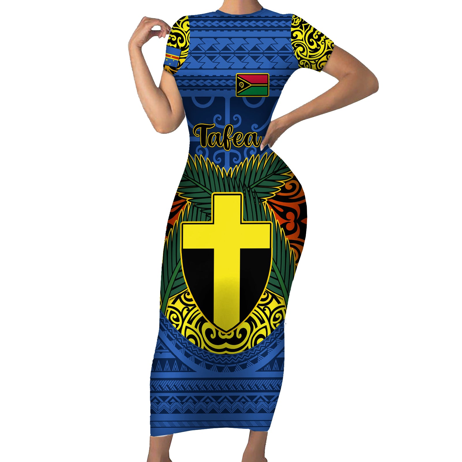 Personalized Vanuatu Tafea Province Short Sleeve Bodycon Dress Coat Of Arms And Namele Fern Polynesian Pattern LT05 Long Dress Blue - Polynesian Pride