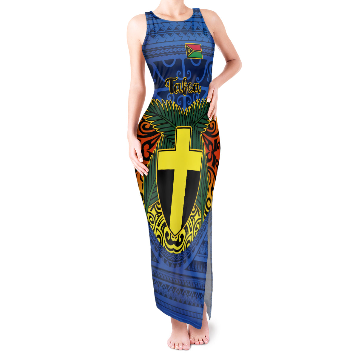 Personalized Vanuatu Tafea Province Tank Maxi Dress Coat Of Arms And Namele Fern Polynesian Pattern LT05 Women Blue - Polynesian Pride