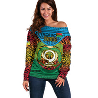Vanuatu Torba Province Off Shoulder Sweater Vanuatuan Coat Of Arms Polynesian Pattern LT05 Women Green - Polynesian Pride
