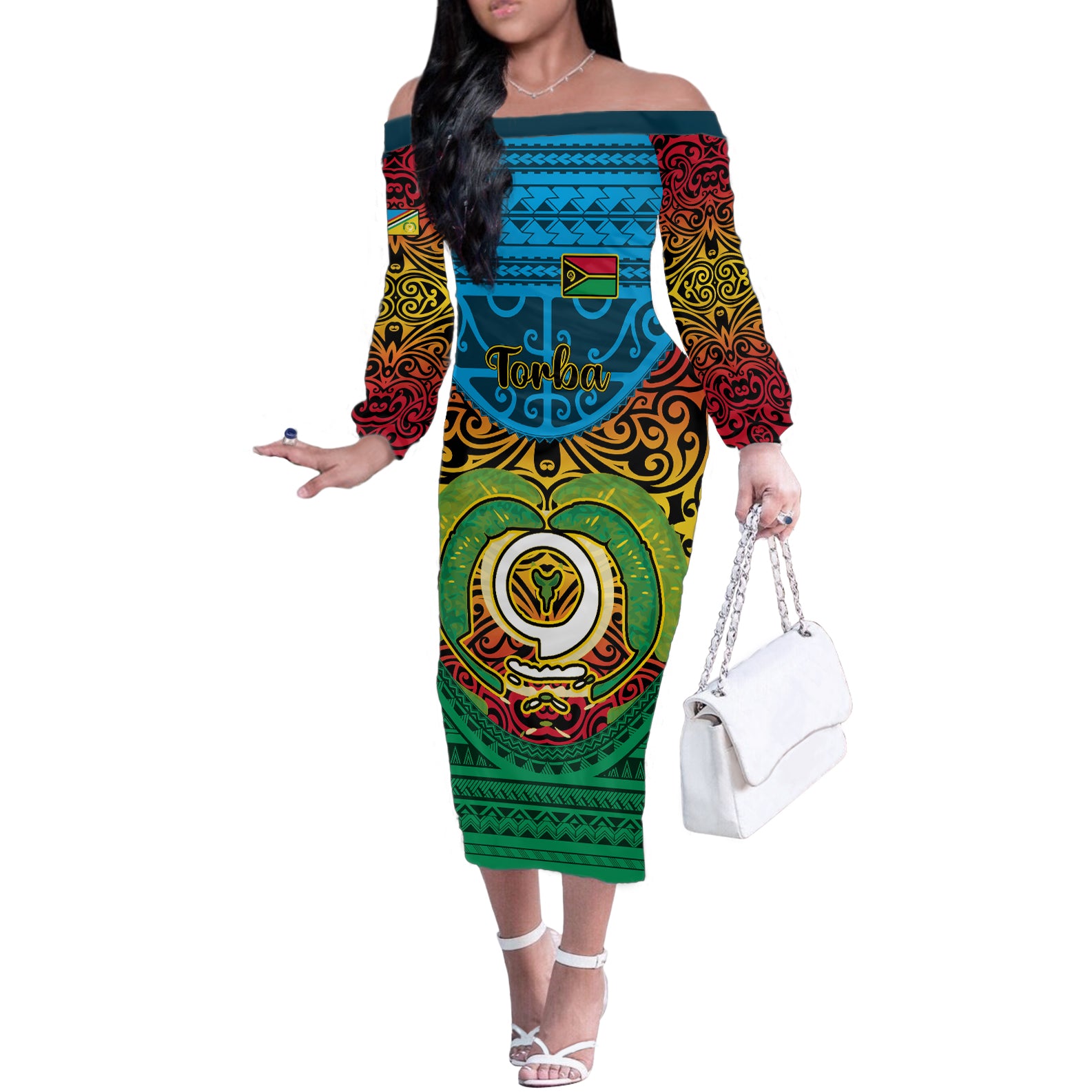 Vanuatu Torba Province Off The Shoulder Long Sleeve Dress Vanuatuan Coat Of Arms Polynesian Pattern LT05 Women Green - Polynesian Pride