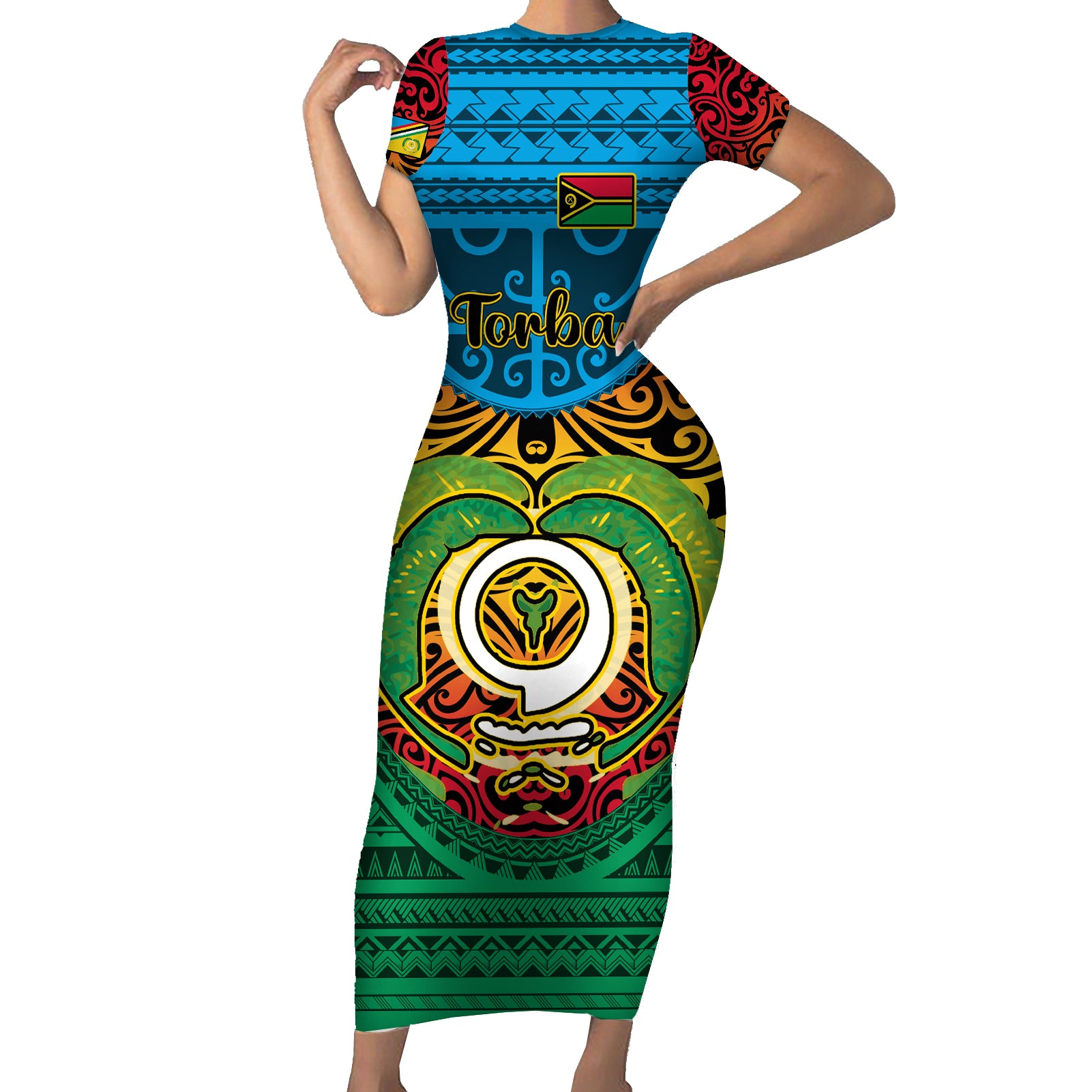 Vanuatu Torba Province Short Sleeve Bodycon Dress Vanuatuan Coat Of Arms Polynesian Pattern LT05 Long Dress Green - Polynesian Pride