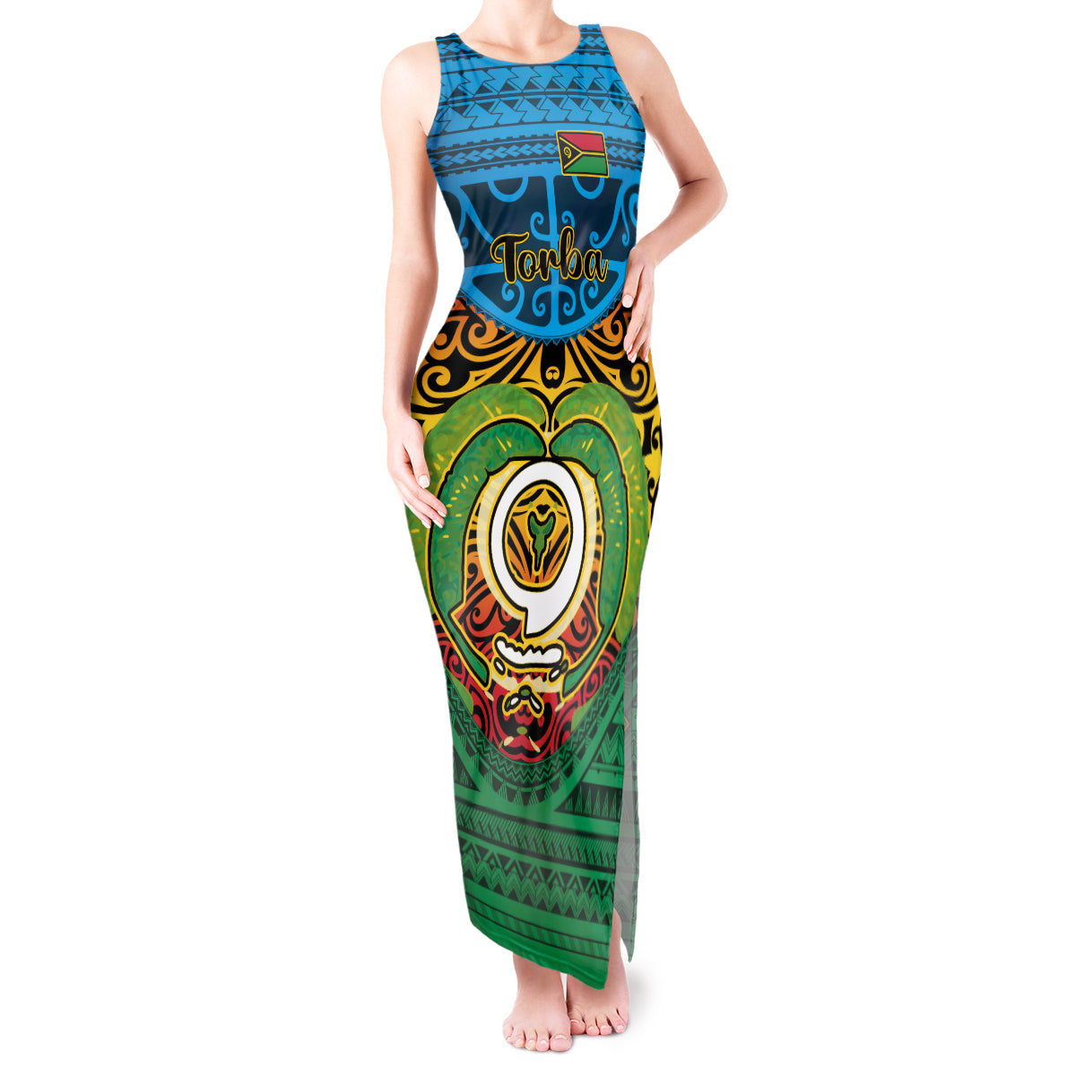 Vanuatu Torba Province Tank Maxi Dress Vanuatuan Coat Of Arms Polynesian Pattern LT05 Women Green - Polynesian Pride