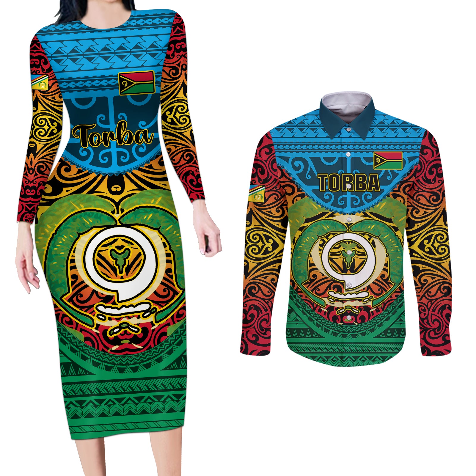 Personalized Vanuatu Torba Province Couples Matching Long Sleeve Bodycon Dress and Long Sleeve Button Shirts Vanuatuan Coat Of Arms Polynesian Pattern LT05 Green - Polynesian Pride