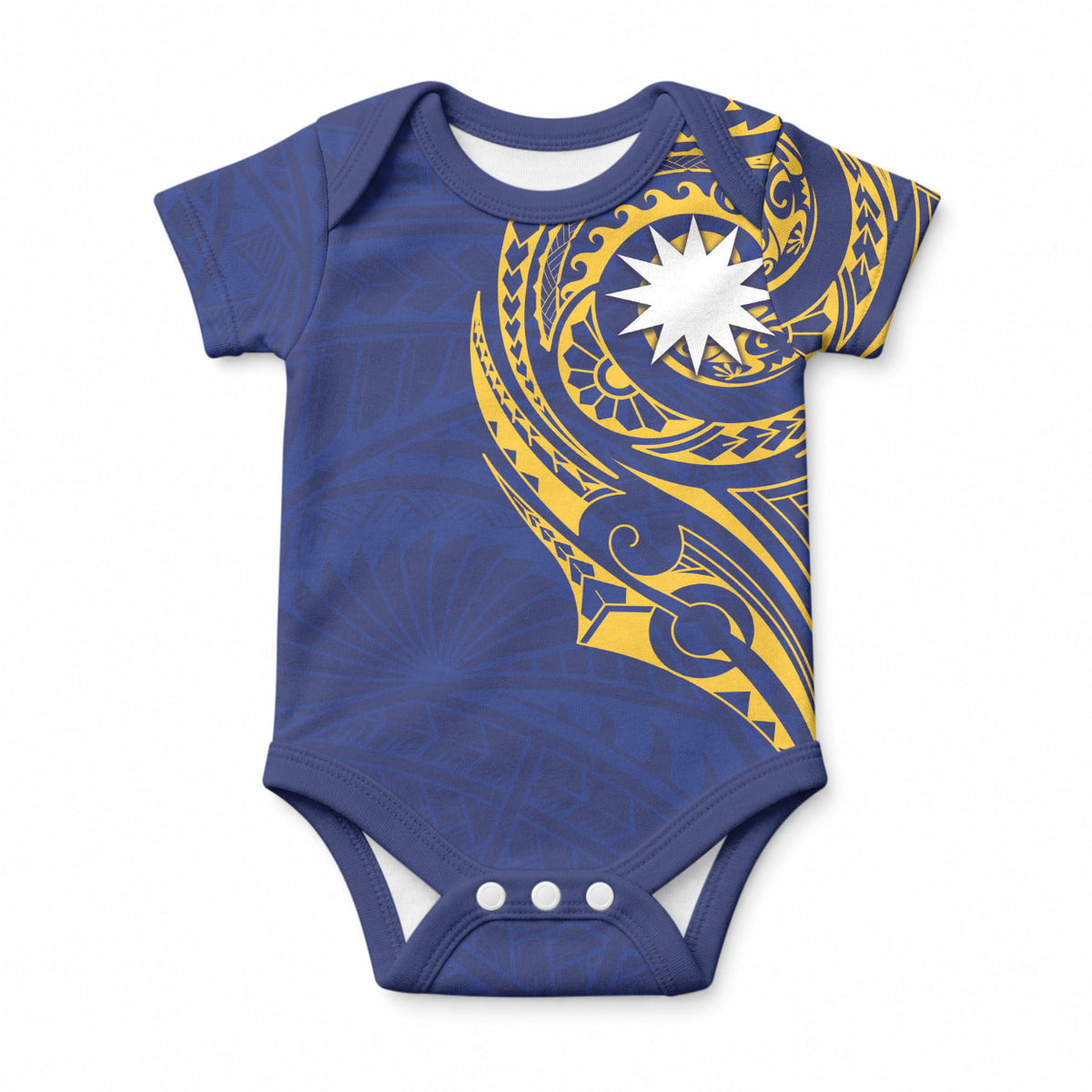 Personalised Nauru Angam Day Baby Onesie Gold Navy Tribal Pattern