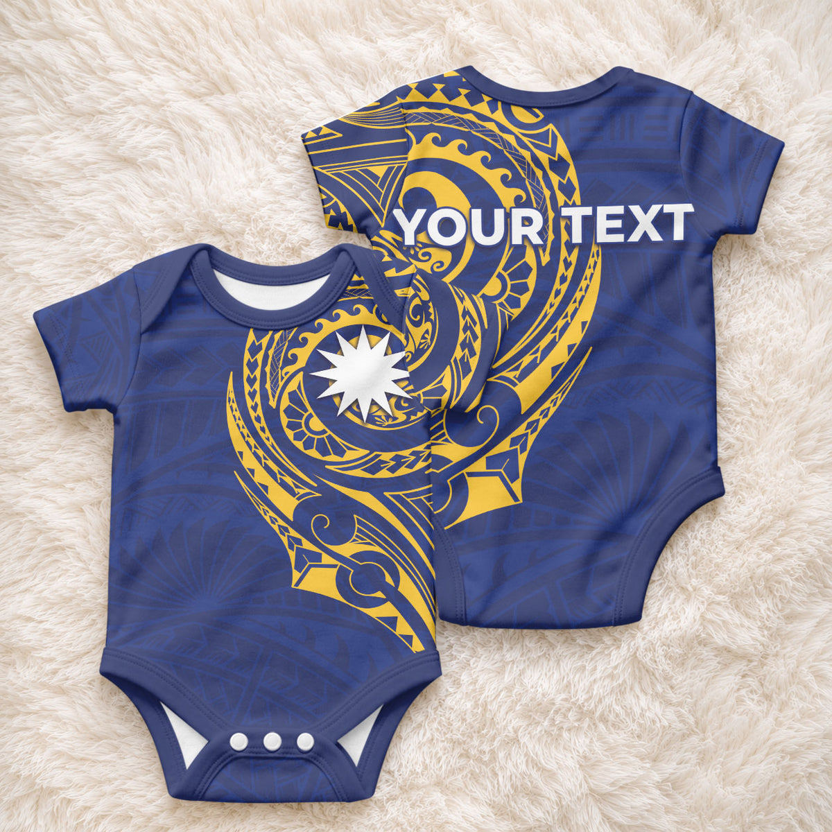 Personalised Nauru Angam Day Baby Onesie Gold Navy Tribal Pattern