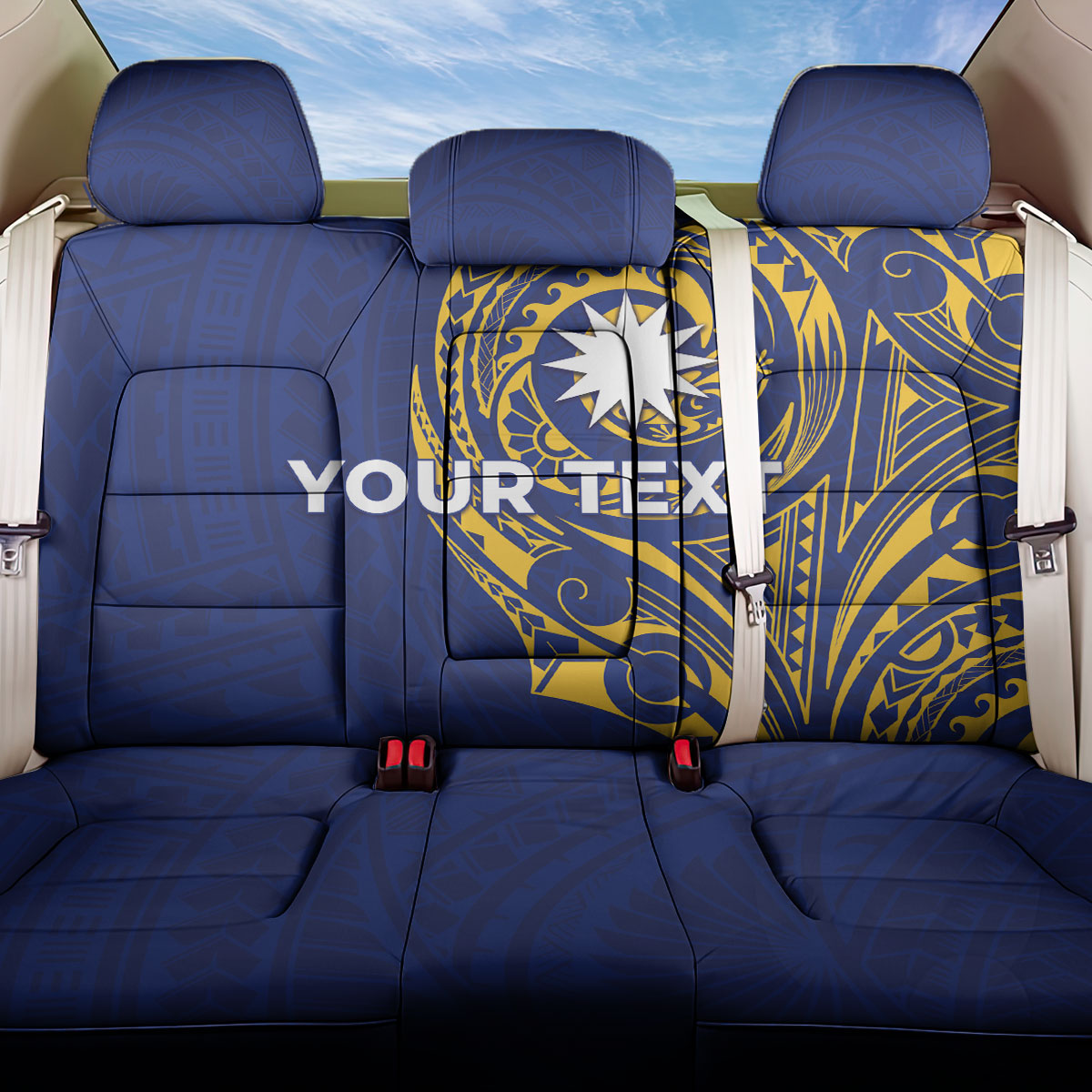 Personalised Nauru Angam Day Back Car Seat Cover Gold Navy Tribal Pattern LT05 One Size Blue - Polynesian Pride