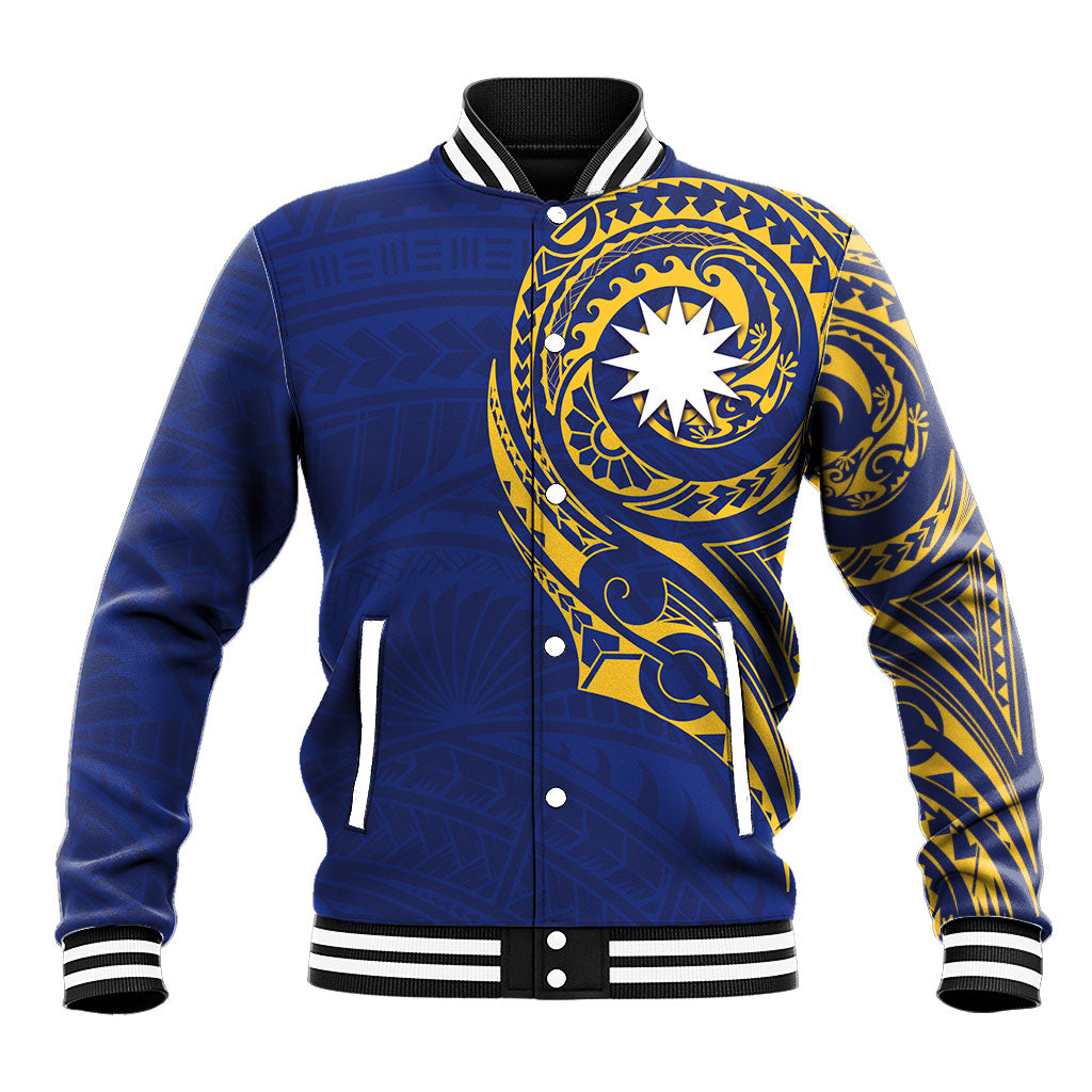 Personalised Nauru Angam Day Baseball Jacket Gold Navy Tribal Pattern LT05 Unisex Blue - Polynesian Pride