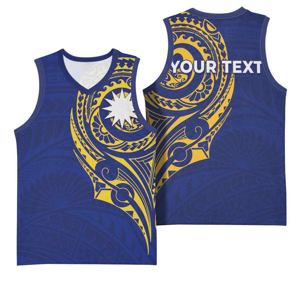 Personalised Nauru Angam Day Basketball Jersey Gold Navy Tribal Pattern