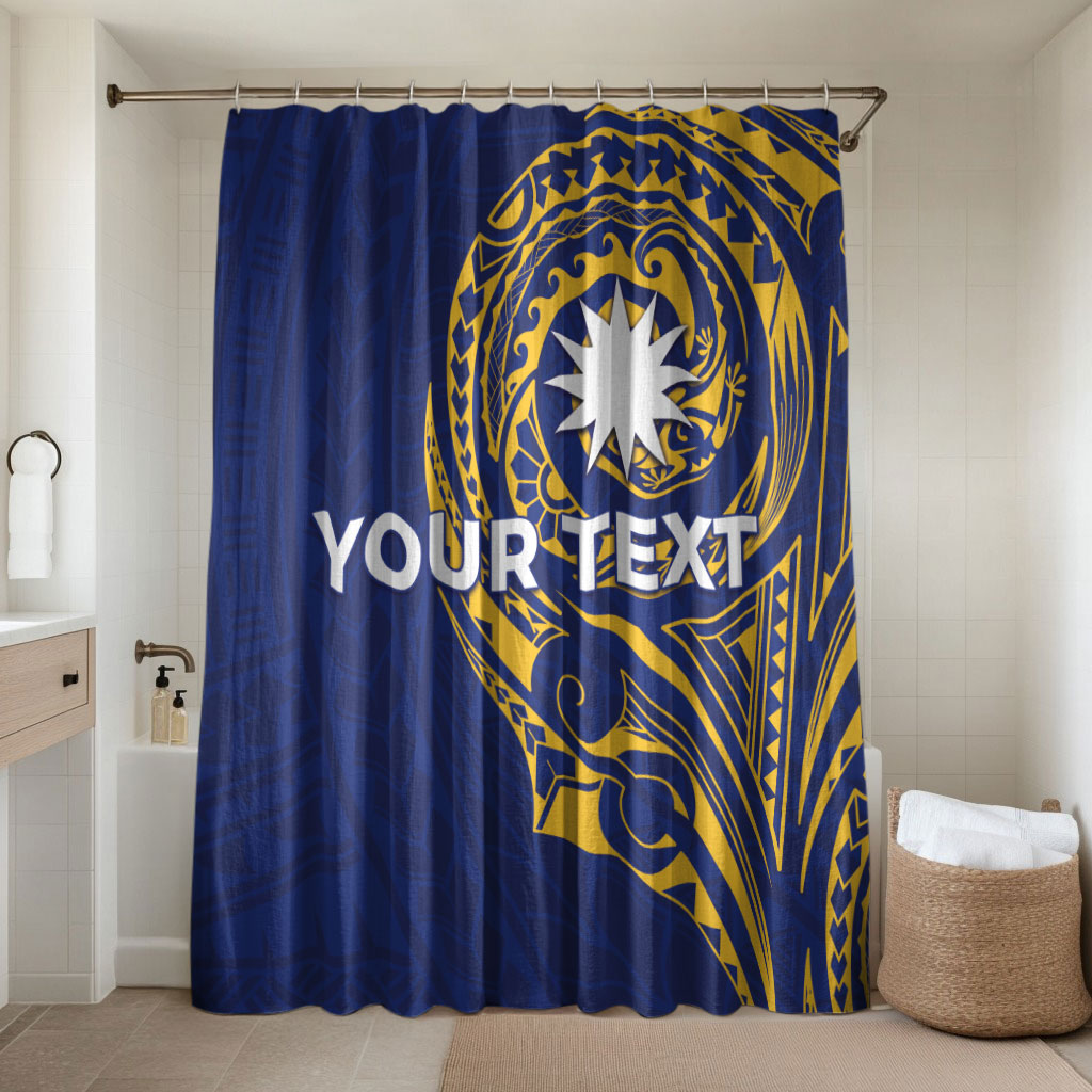 Personalised Nauru Angam Day Bathroom Set Gold Navy Tribal Pattern LT05 Shower Curtain Only Blue - Polynesian Pride