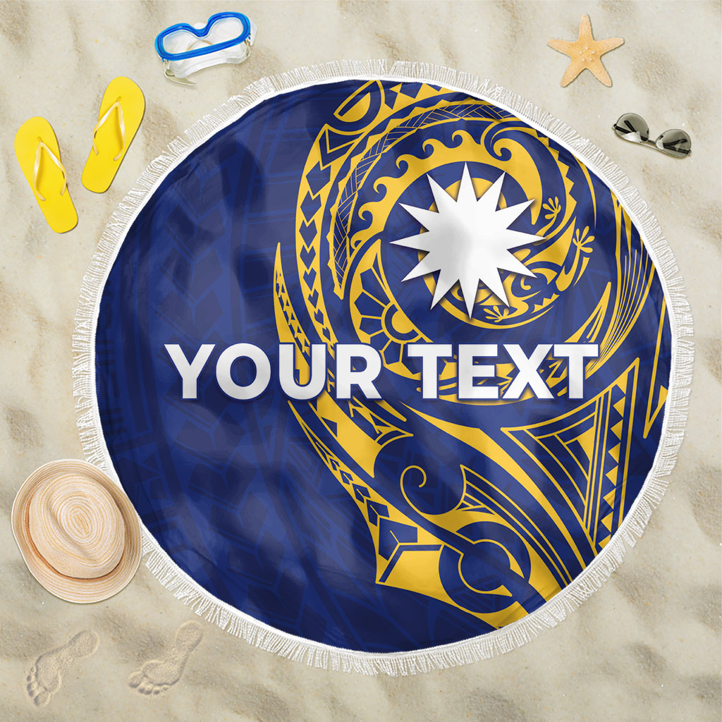 Personalised Nauru Angam Day Beach Blanket Gold Navy Tribal Pattern LT05 One Size 150cm Blue - Polynesian Pride