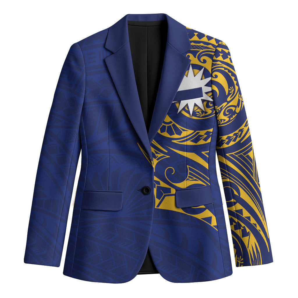 Personalised Nauru Angam Day Blazer Gold Navy Tribal Pattern LT05 Unisex Blue - Polynesian Pride