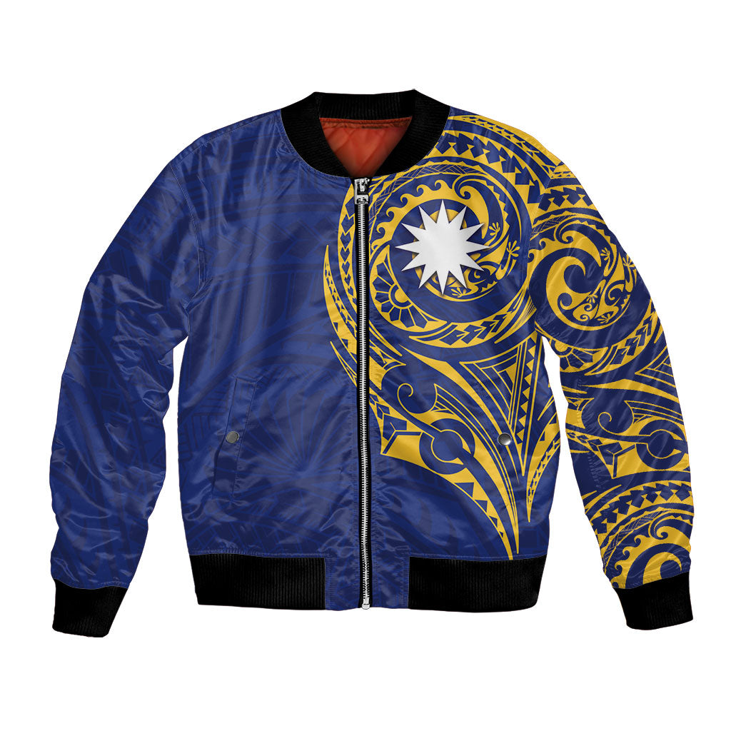 Personalised Nauru Angam Day Bomber Jacket Gold Navy Tribal Pattern LT05 Unisex Blue - Polynesian Pride