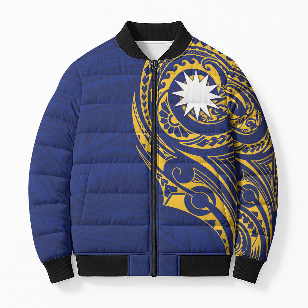 Personalised Nauru Angam Day Bomber Puffer Jacket Gold Navy Tribal Pattern LT05 Unisex Blue - Polynesian Pride