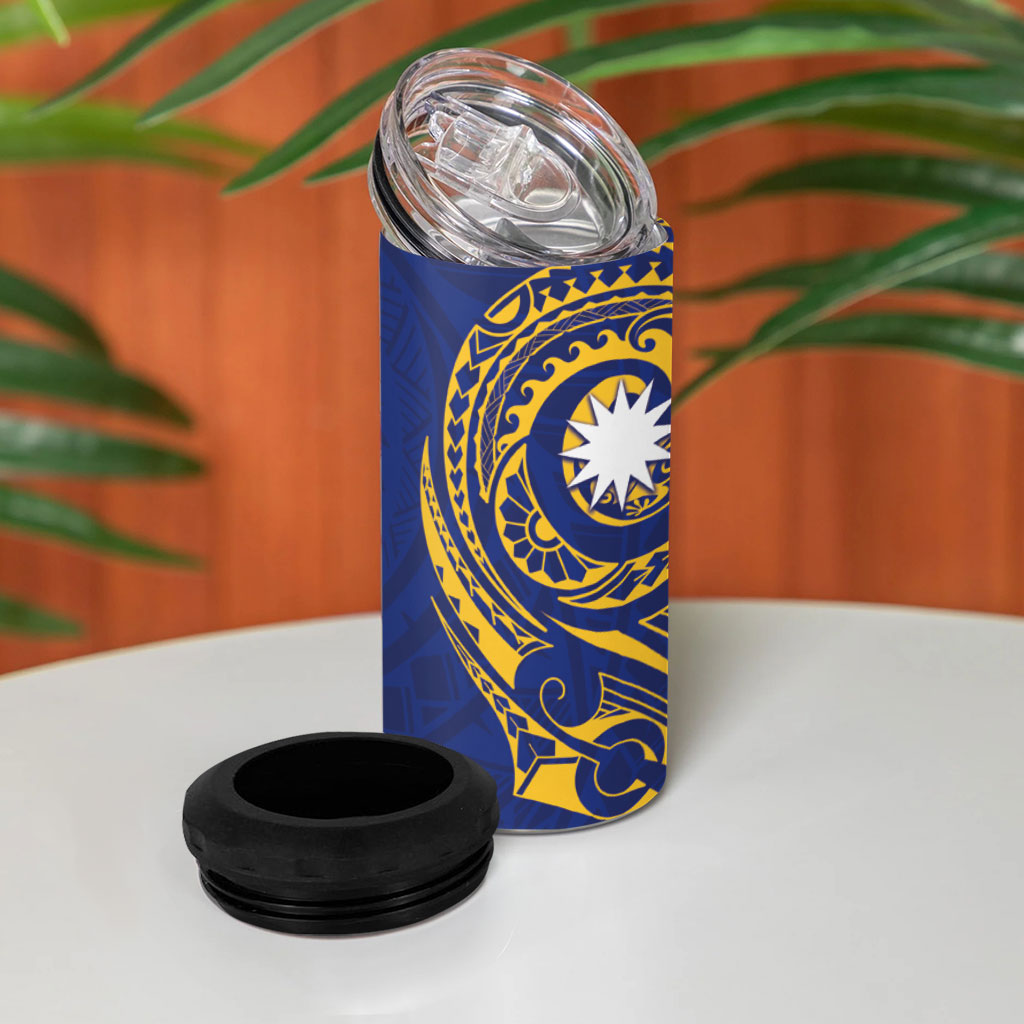 Personalised Nauru Angam Day 4 in 1 Can Cooler Tumbler Gold Navy Tribal Pattern