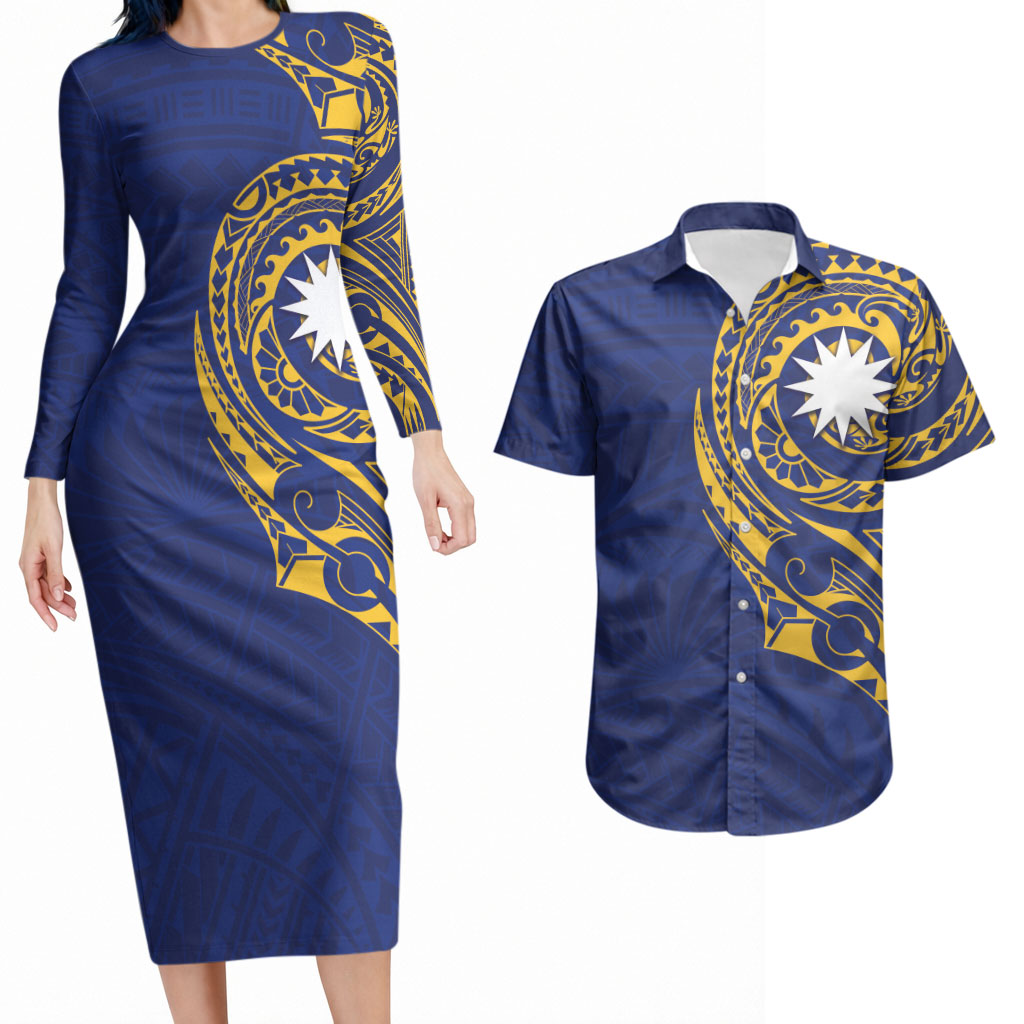 Personalised Nauru Angam Day Couples Matching Long Sleeve Bodycon Dress and Hawaiian Shirt Gold Navy Tribal Pattern LT05 Blue - Polynesian Pride