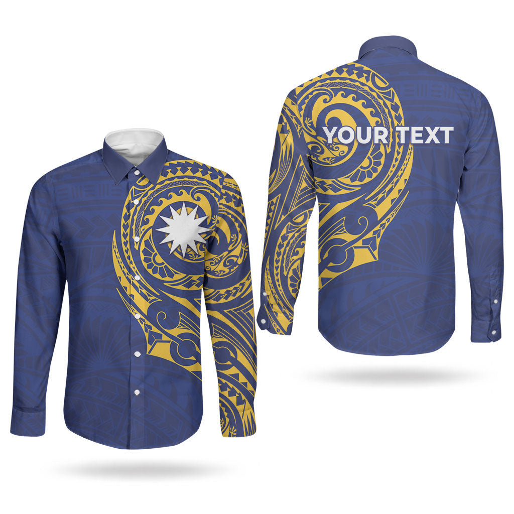 Personalised Nauru Angam Day Couples Matching Long Sleeve Bodycon Dress and Long Sleeve Button Shirt Gold Navy Tribal Pattern