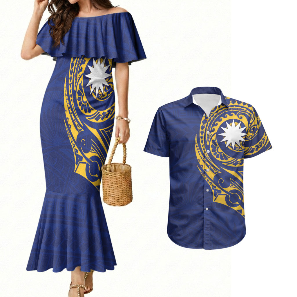 Personalised Nauru Angam Day Couples Matching Mermaid Dress and Hawaiian Shirt Gold Navy Tribal Pattern