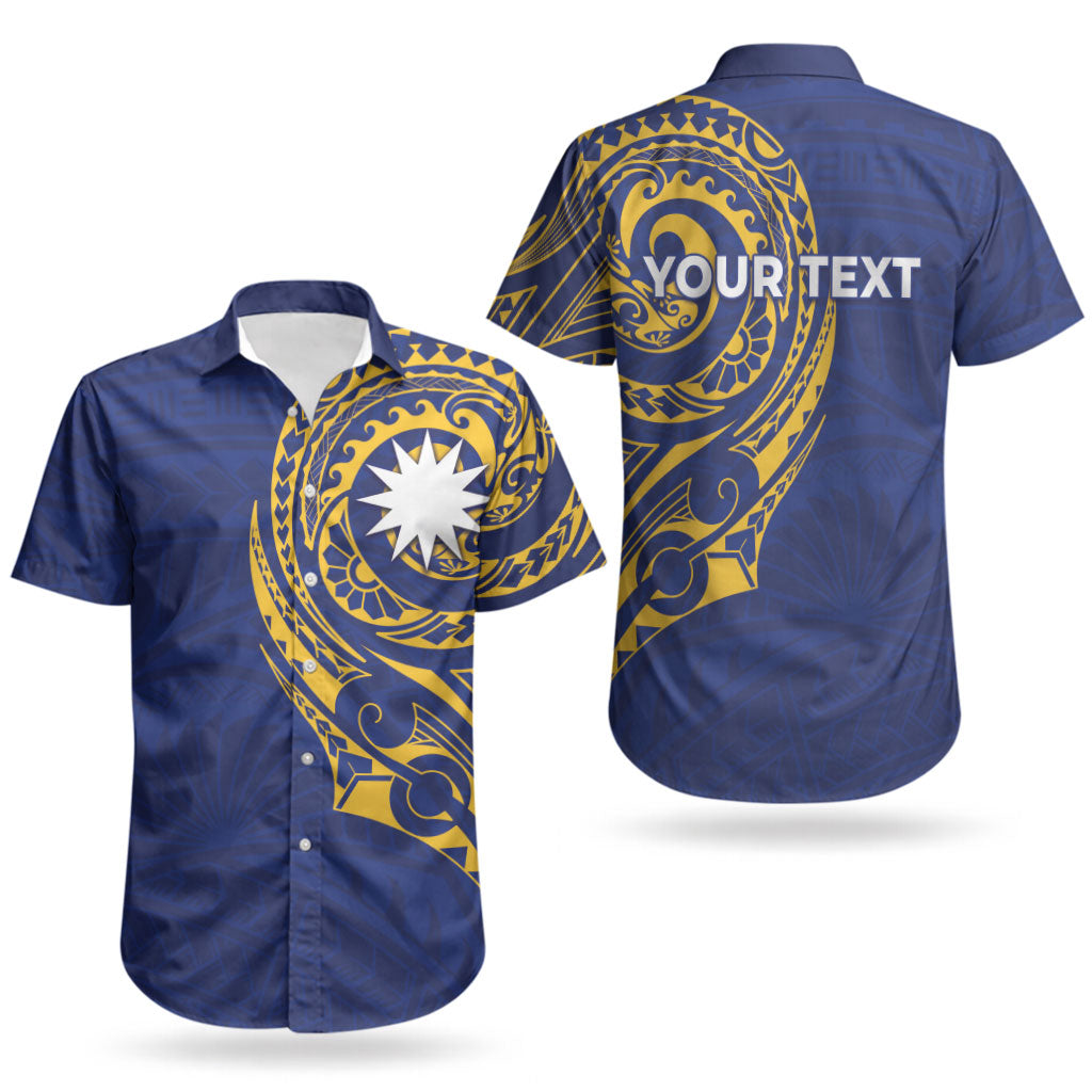 Personalised Nauru Angam Day Couples Matching Mermaid Dress and Hawaiian Shirt Gold Navy Tribal Pattern