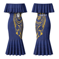 Personalised Nauru Angam Day Couples Matching Mermaid Dress and Hawaiian Shirt Gold Navy Tribal Pattern