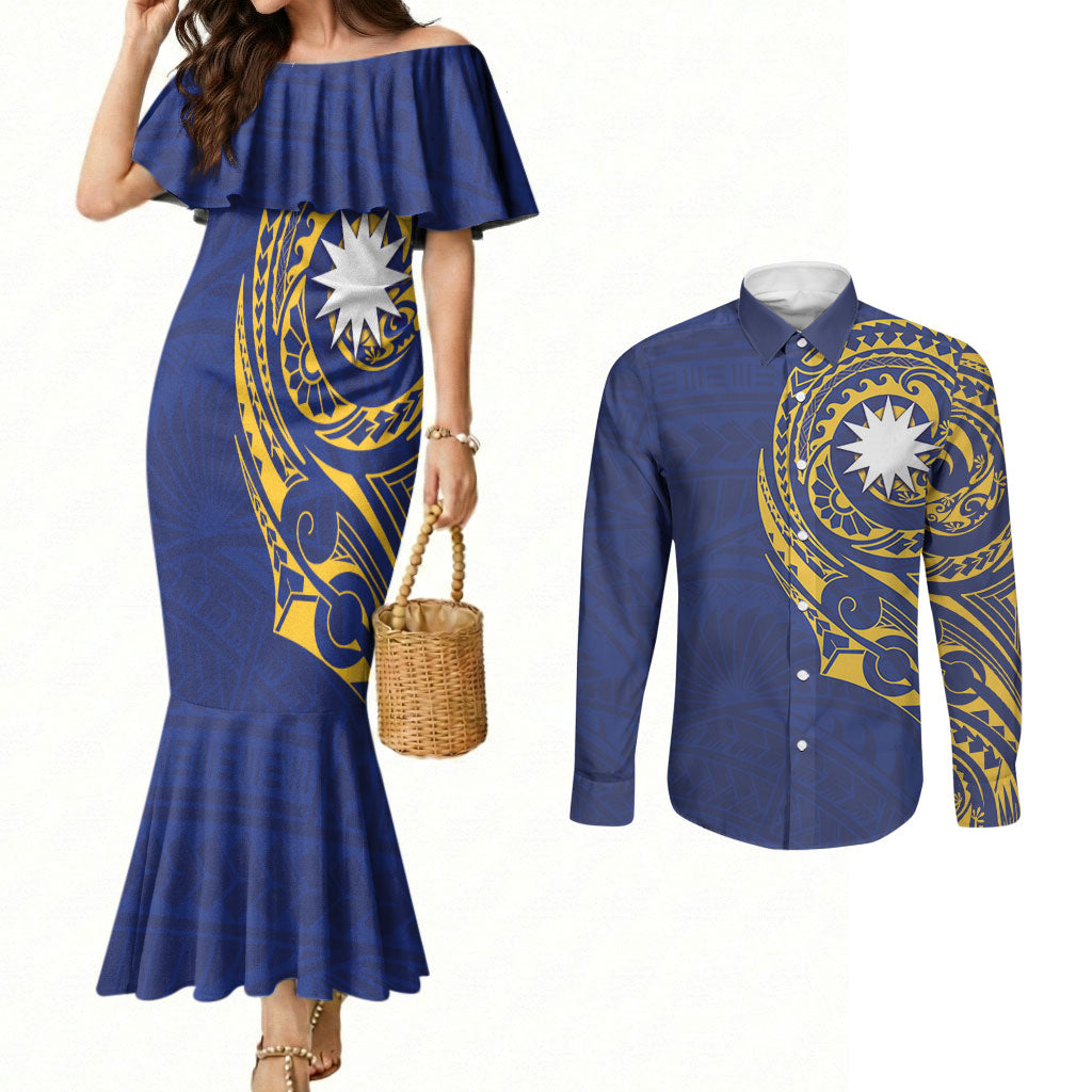 Personalised Nauru Angam Day Couples Matching Mermaid Dress and Long Sleeve Button Shirt Gold Navy Tribal Pattern
