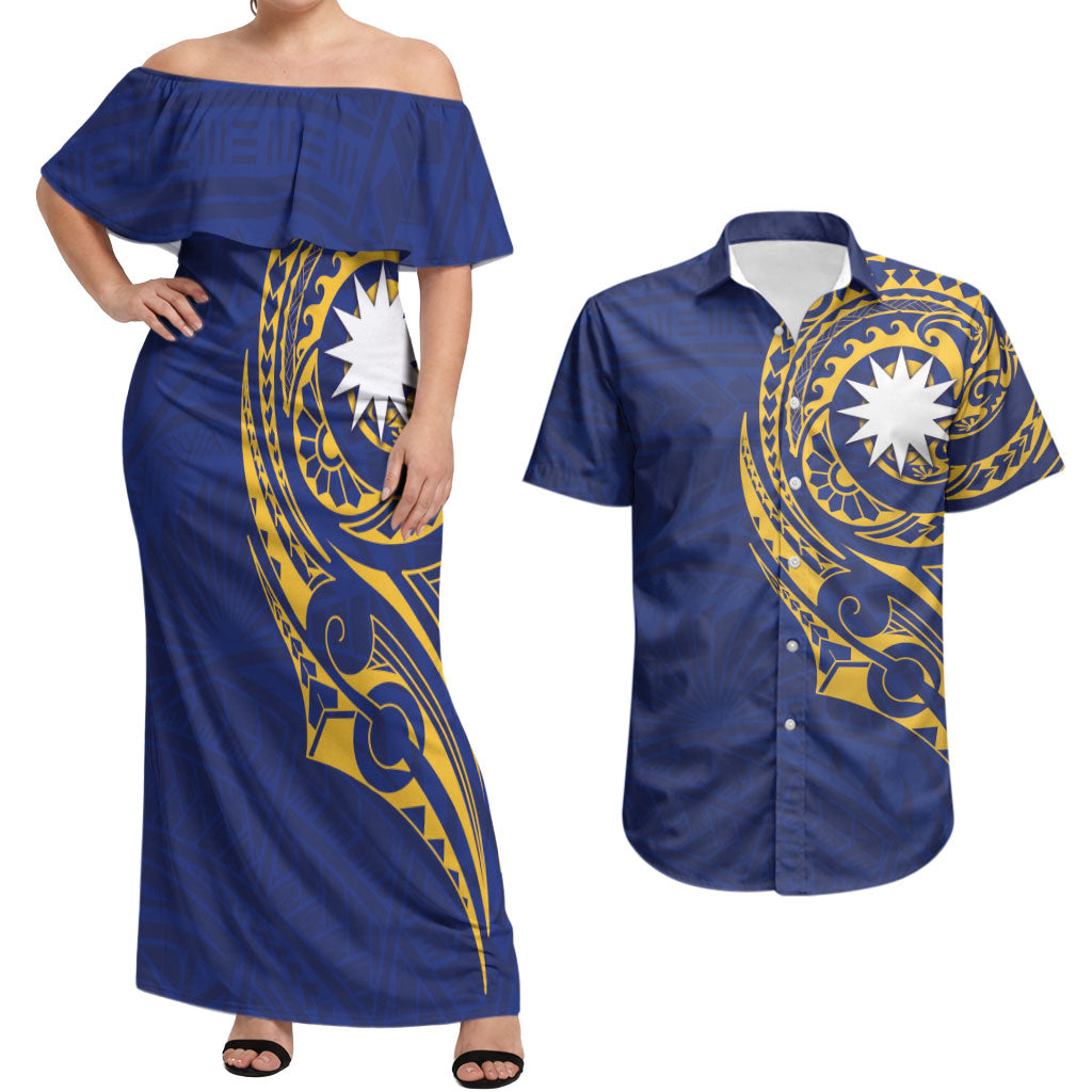 Personalised Nauru Angam Day Couples Matching Off Shoulder Maxi Dress and Hawaiian Shirt Gold Navy Tribal Pattern