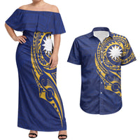 Personalised Nauru Angam Day Couples Matching Off Shoulder Maxi Dress and Hawaiian Shirt Gold Navy Tribal Pattern