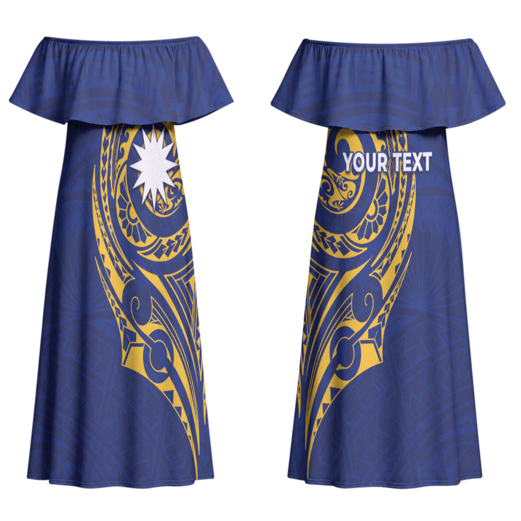 Personalised Nauru Angam Day Couples Matching Off Shoulder Maxi Dress and Long Sleeve Button Shirt Gold Navy Tribal Pattern