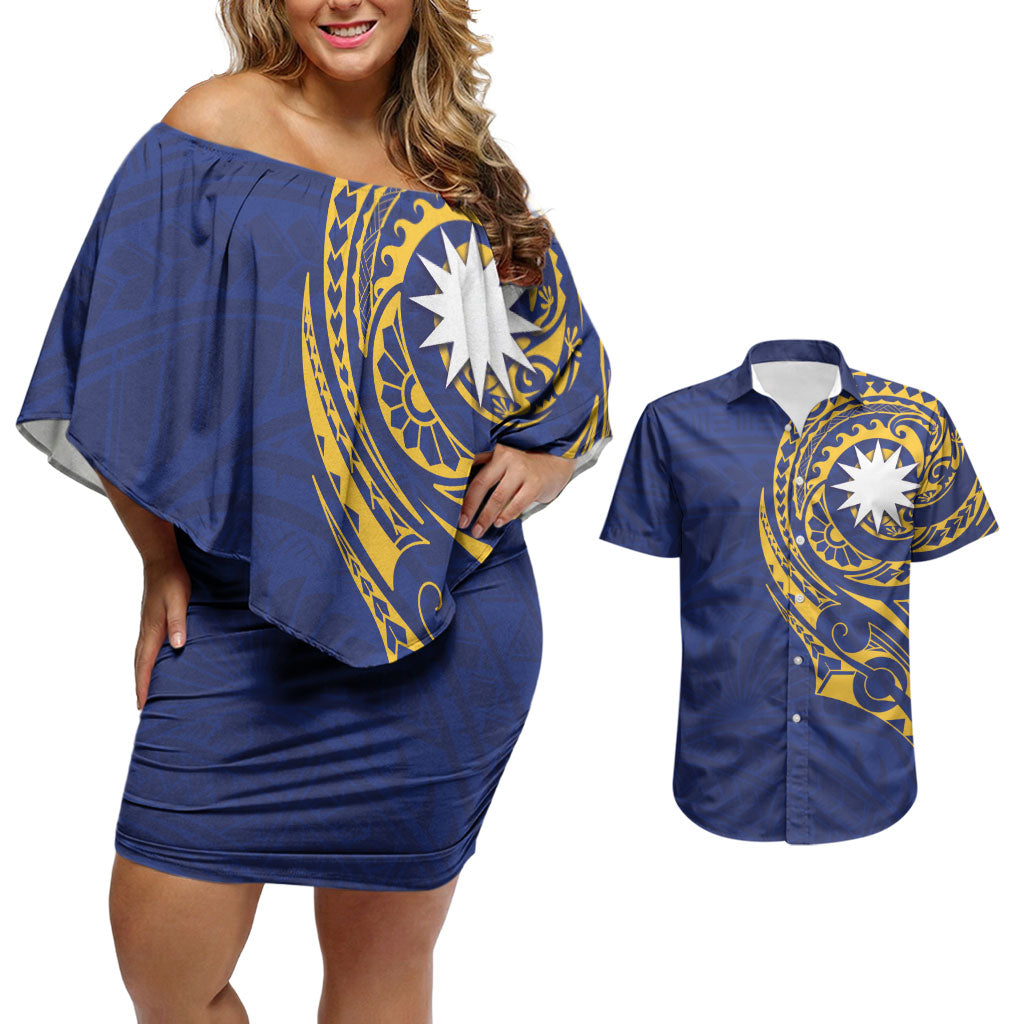 Personalised Nauru Angam Day Couples Matching Off Shoulder Short Dress and Hawaiian Shirt Gold Navy Tribal Pattern