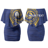Personalised Nauru Angam Day Couples Matching Off Shoulder Short Dress and Hawaiian Shirt Gold Navy Tribal Pattern