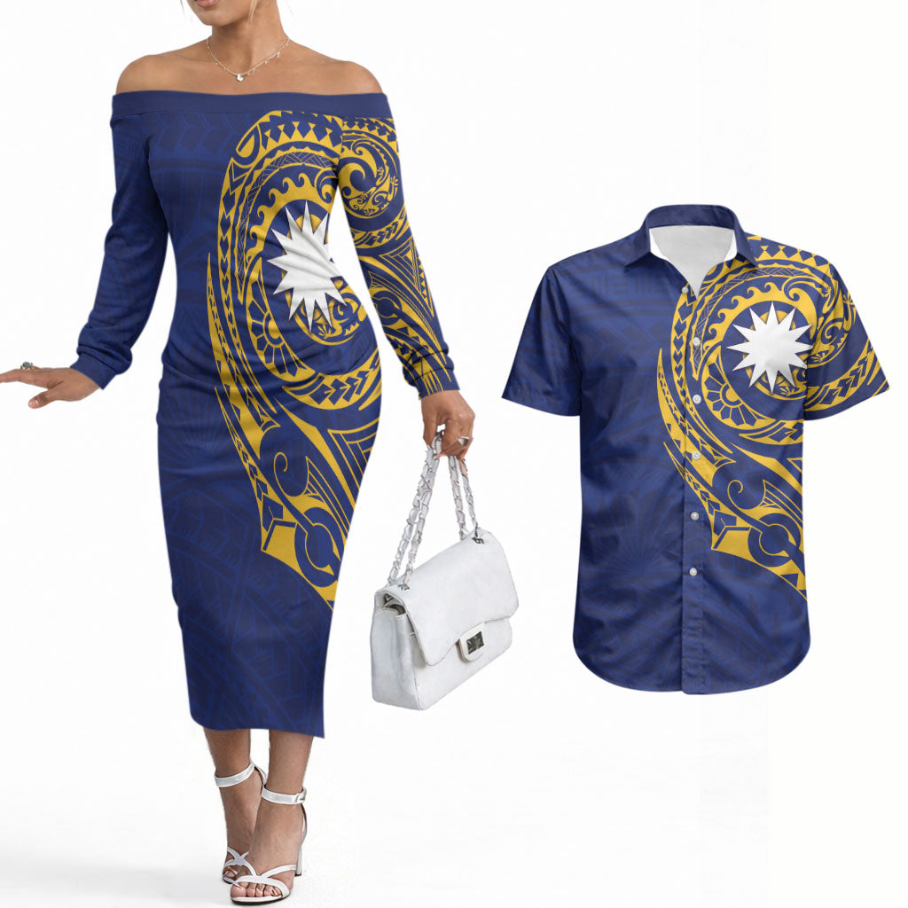 Personalised Nauru Angam Day Couples Matching Off The Shoulder Long Sleeve Dress and Hawaiian Shirt Gold Navy Tribal Pattern LT05 Blue - Polynesian Pride