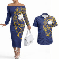 Personalised Nauru Angam Day Couples Matching Off The Shoulder Long Sleeve Dress and Hawaiian Shirt Gold Navy Tribal Pattern
