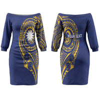 Personalised Nauru Angam Day Couples Matching Off The Shoulder Long Sleeve Dress and Hawaiian Shirt Gold Navy Tribal Pattern