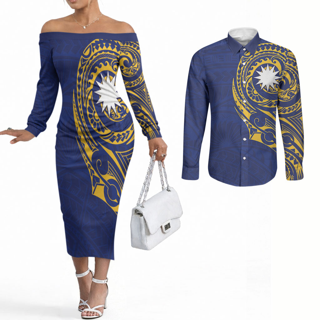 Personalised Nauru Angam Day Couples Matching Off The Shoulder Long Sleeve Dress and Long Sleeve Button Shirt Gold Navy Tribal Pattern LT05 Blue - Polynesian Pride