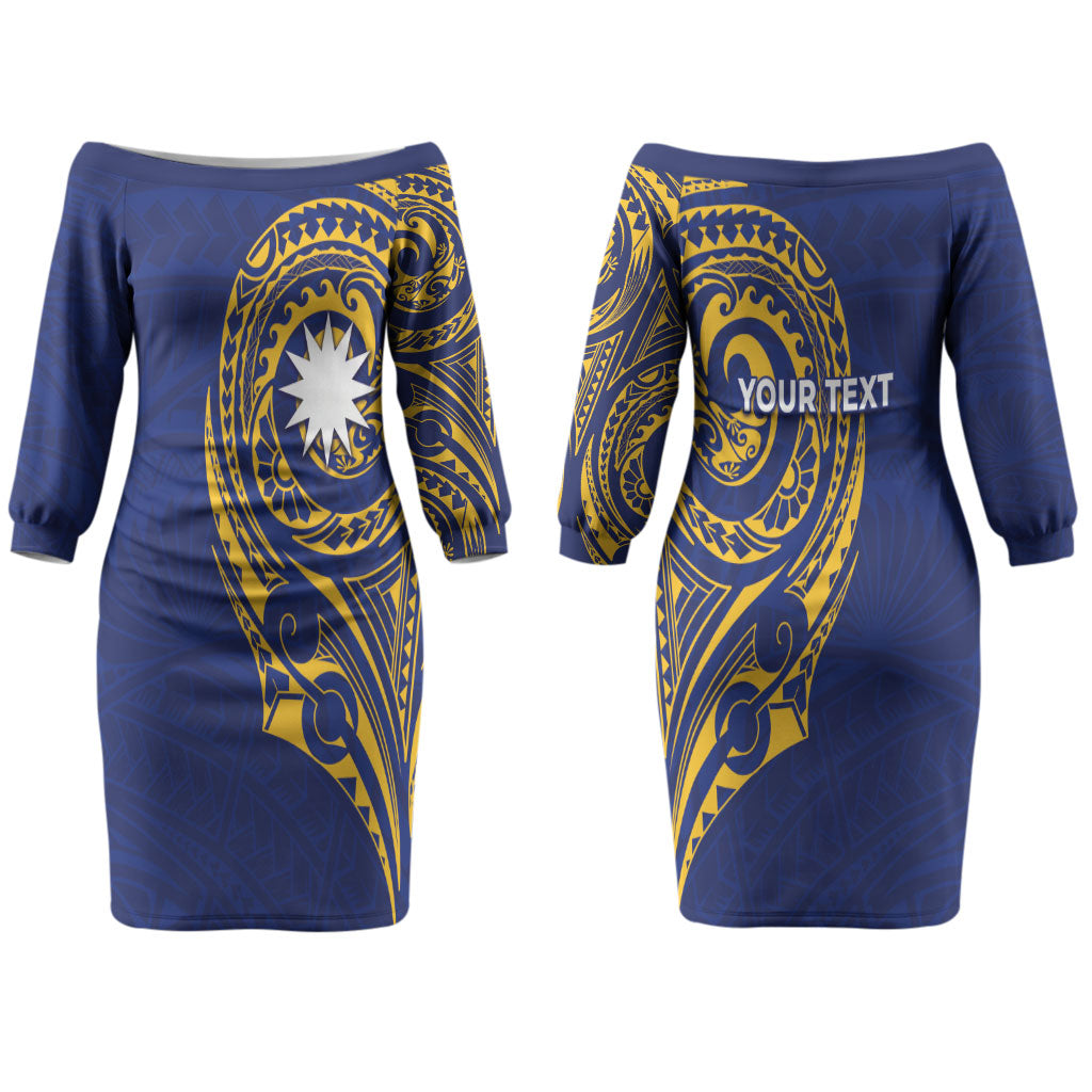 Personalised Nauru Angam Day Couples Matching Off The Shoulder Long Sleeve Dress and Long Sleeve Button Shirt Gold Navy Tribal Pattern