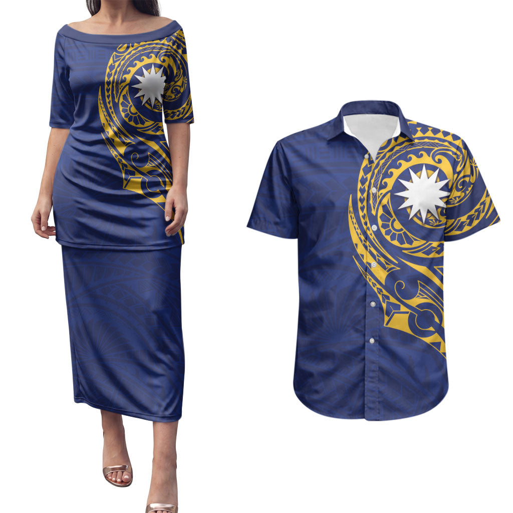 Personalised Nauru Angam Day Couples Matching Puletasi and Hawaiian Shirt Gold Navy Tribal Pattern LT05 Blue - Polynesian Pride