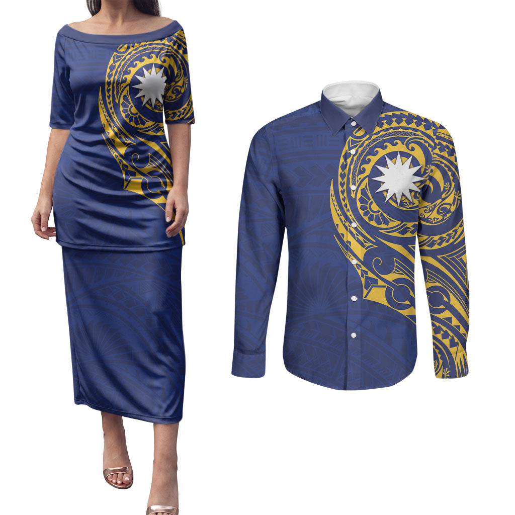 Personalised Nauru Angam Day Couples Matching Puletasi and Long Sleeve Button Shirt Gold Navy Tribal Pattern LT05 Blue - Polynesian Pride