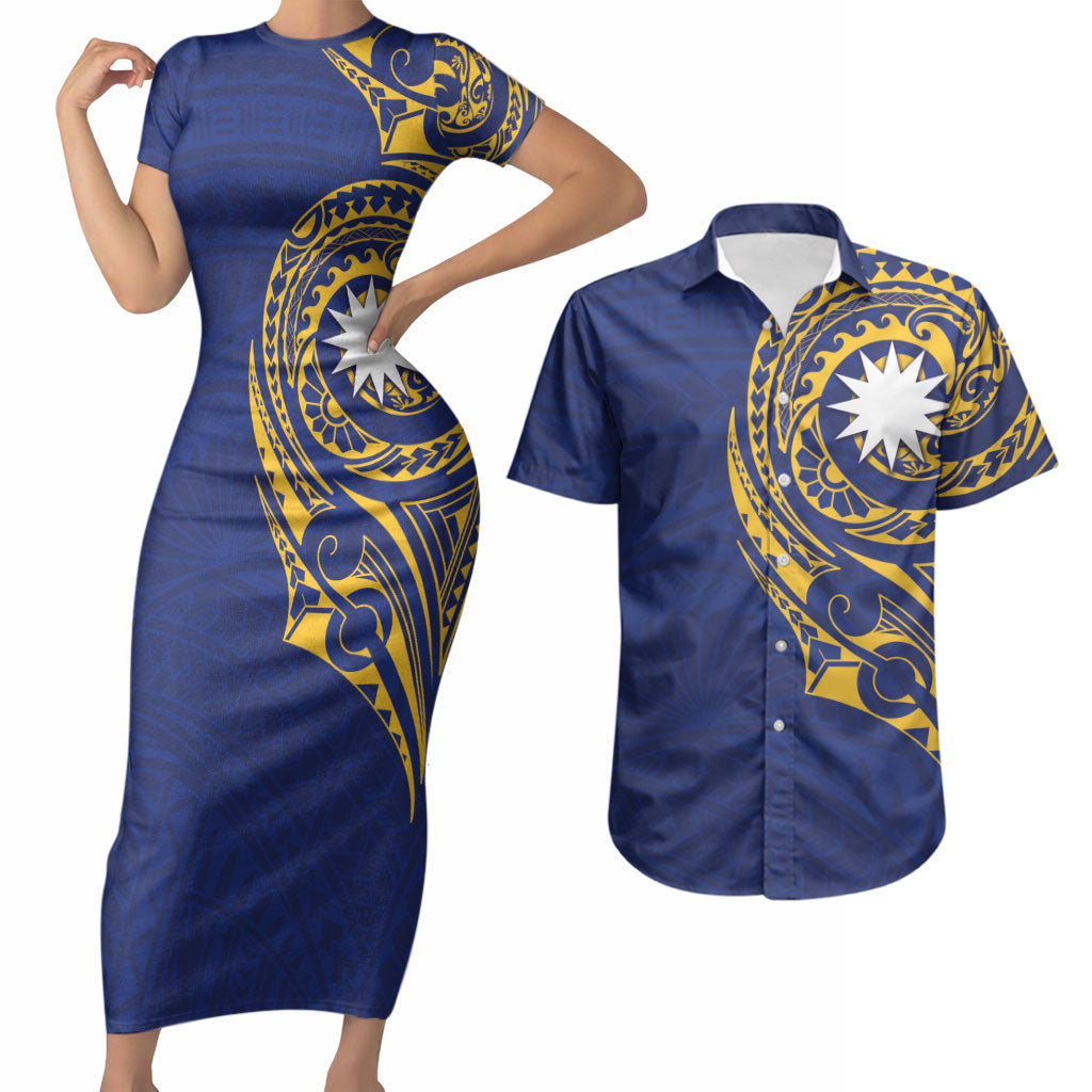 Personalised Nauru Angam Day Couples Matching Short Sleeve Bodycon Dress and Hawaiian Shirt Gold Navy Tribal Pattern LT05 Blue - Polynesian Pride