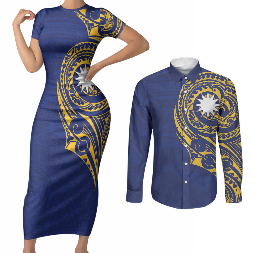 Personalised Nauru Angam Day Couples Matching Short Sleeve Bodycon Dress and Long Sleeve Button Shirt Gold Navy Tribal Pattern LT05 Blue - Polynesian Pride