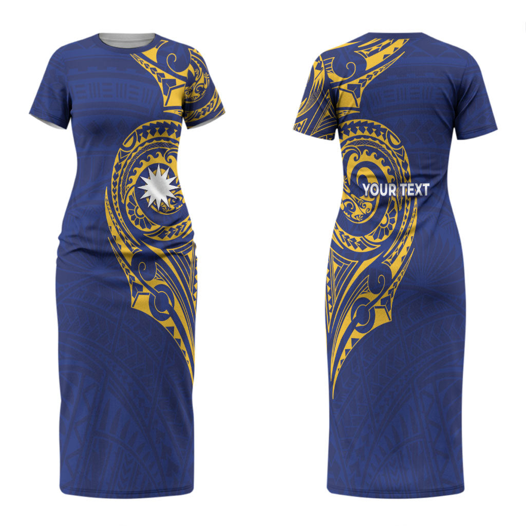 Personalised Nauru Angam Day Couples Matching Short Sleeve Bodycon Dress and Long Sleeve Button Shirt Gold Navy Tribal Pattern