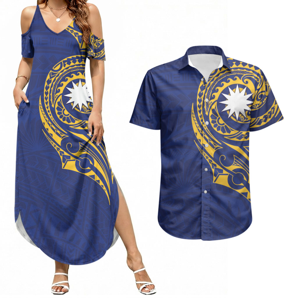 Personalised Nauru Angam Day Couples Matching Summer Maxi Dress and Hawaiian Shirt Gold Navy Tribal Pattern LT05 Blue - Polynesian Pride
