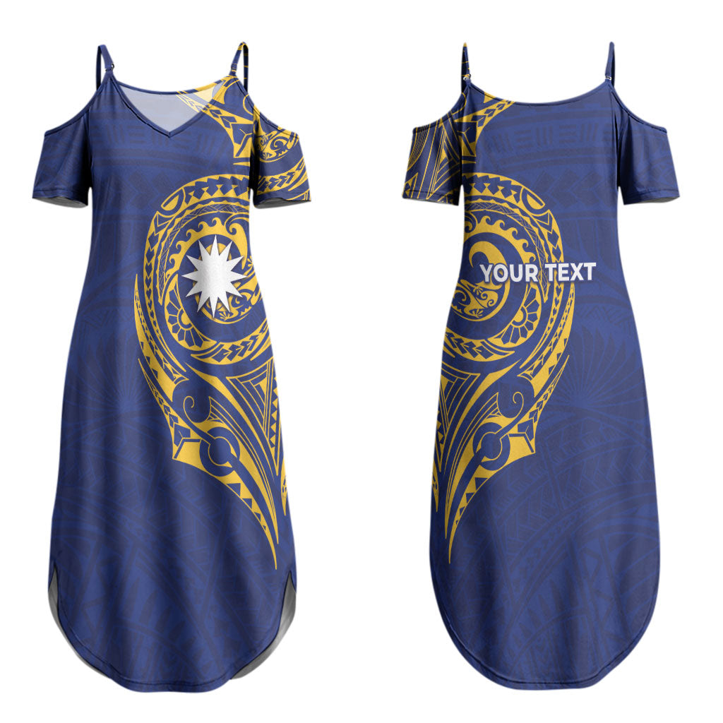 Personalised Nauru Angam Day Couples Matching Summer Maxi Dress and Hawaiian Shirt Gold Navy Tribal Pattern