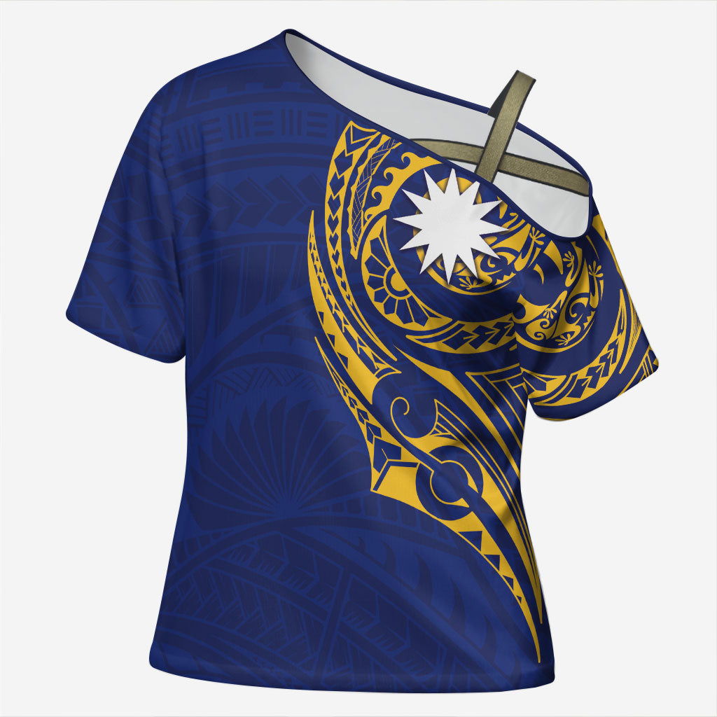 Personalised Nauru Angam Day Cross Shoulder Shirt Gold Navy Tribal Pattern