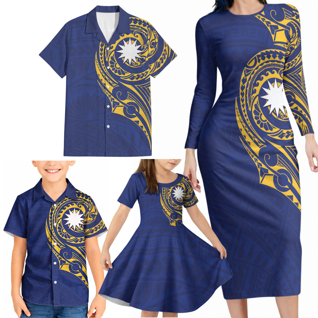 Personalised Nauru Angam Day Family Matching Long Sleeve Bodycon Dress and Hawaiian Shirt Gold Navy Tribal Pattern LT05 - Polynesian Pride