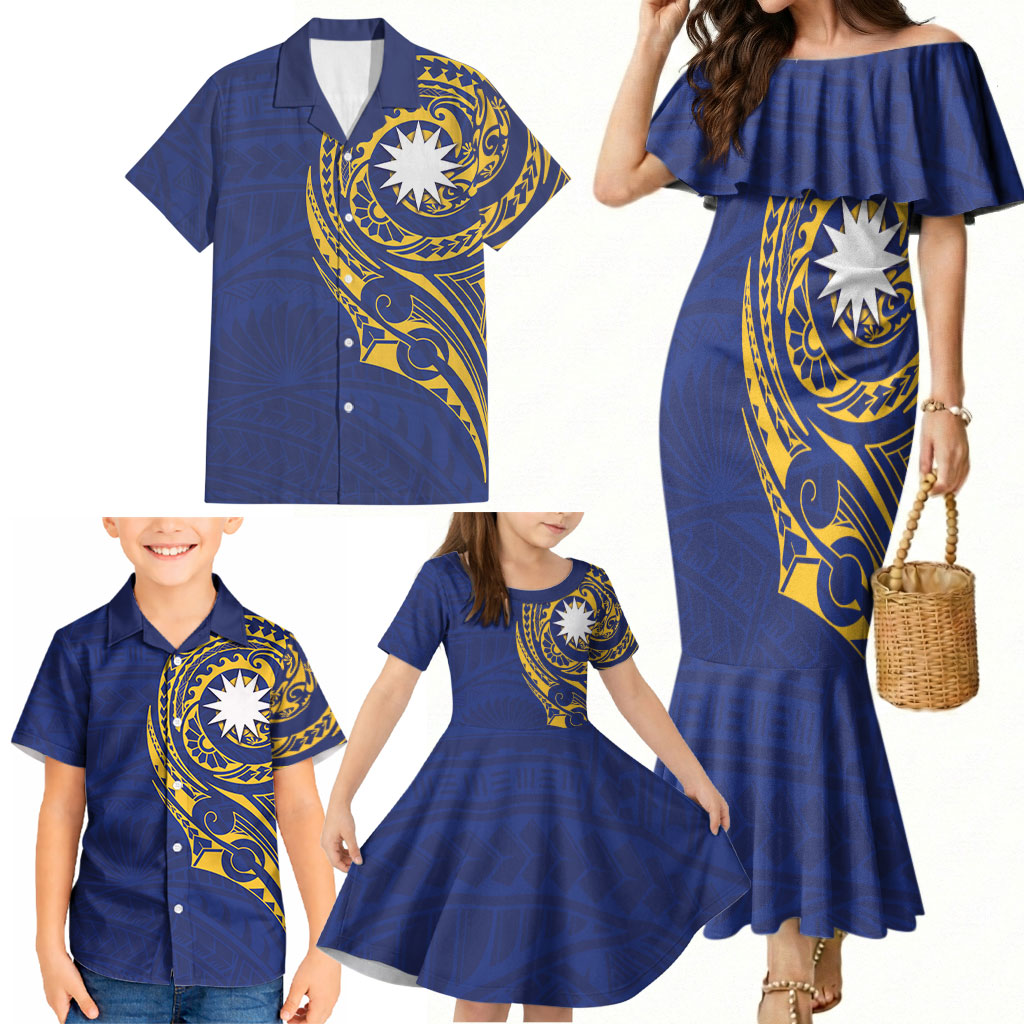 Personalised Nauru Angam Day Family Matching Mermaid Dress and Hawaiian Shirt Gold Navy Tribal Pattern LT05 - Polynesian Pride