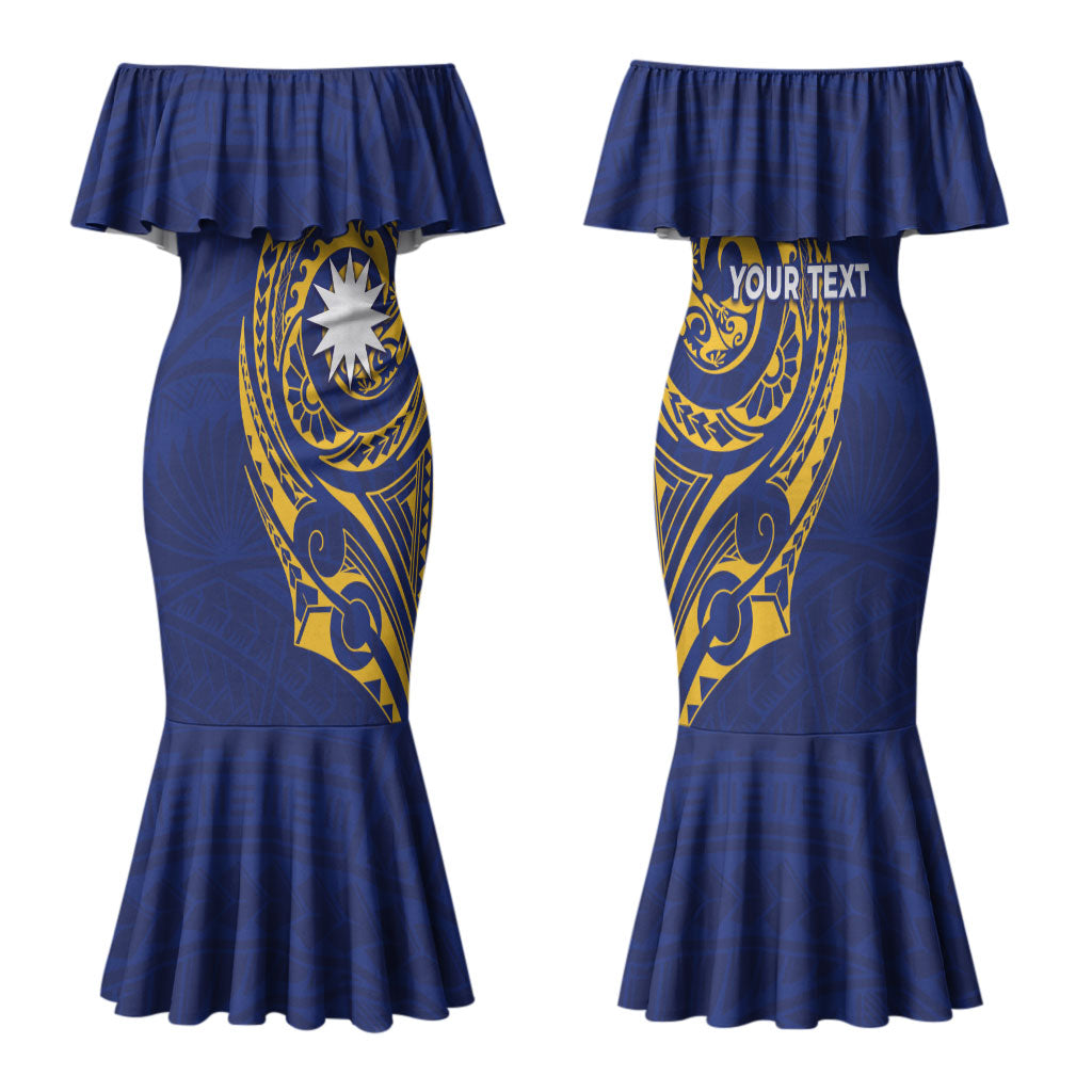 Personalised Nauru Angam Day Family Matching Mermaid Dress and Hawaiian Shirt Gold Navy Tribal Pattern