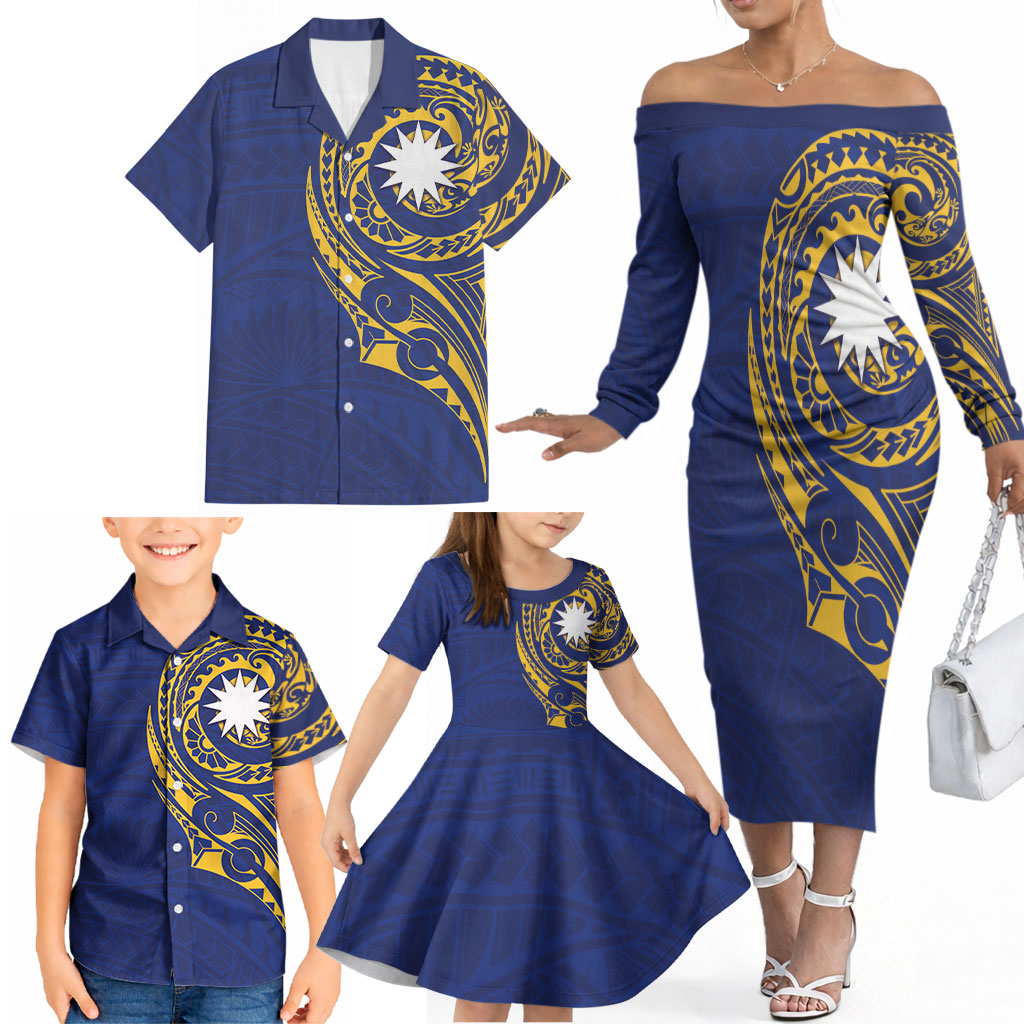 Personalised Nauru Angam Day Family Matching Off The Shoulder Long Sleeve Dress and Hawaiian Shirt Gold Navy Tribal Pattern LT05 - Polynesian Pride