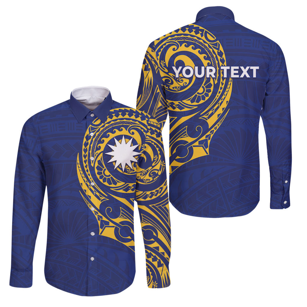 Personalised Nauru Angam Day Family Matching Off The Shoulder Long Sleeve Dress and Hawaiian Shirt Gold Navy Tribal Pattern